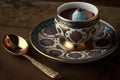 turkish coffee served in delicate china cup, with miniature spoon and demitasse spoon