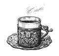 Turkish coffee sketch. Hand drawn cup on a platter. Vintage vector illustration Royalty Free Stock Photo