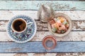 Turkish coffee in traditional cup with glass of water and turkish delights on vintage table top view Royalty Free Stock Photo