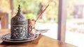 Turkish coffee with traditional embossed metal tray and cup Royalty Free Stock Photo