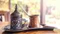 Turkish coffee with traditional embossed metal tray and cup Royalty Free Stock Photo