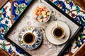 Turkish Coffee with Turkish Delight Kus Lokumu Royalty Free Stock Photo