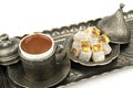 Turkish coffee and turkish delight with traditional cup and tray