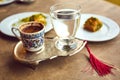 Turkish coffee and turkish delight with traditional embossed metal tray and cup Royalty Free Stock Photo