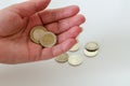 Turkish coins in woman`s palm. Royalty Free Stock Photo