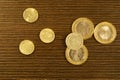 Turkish coins on a wooden background. lira from Turkey close up