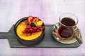 Turkish Cuisine dessert varieties. Muhallebi / Homemade Pudding. Baked rice pudding turkish milk dessert sutlac in earthenware Royalty Free Stock Photo