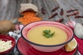 Mercimek corbasi, red lentil soup, turkish cuisine.  bowl of soup, parsley and croutons on wooden table Royalty Free Stock Photo