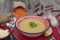 Mercimek corbasi, red lentil soup, turkish cuisine.  bowl of soup, parsley and croutons on wooden table Royalty Free Stock Photo