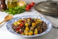 From Turkish cuisine meat, vegetable kebab, casserole. Turkish name Maras Tava or Kahramanmaras Tava - Orman Kebabi Royalty Free Stock Photo