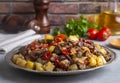 From Turkish cuisine meat, vegetable kebab, casserole. Turkish name Maras Tava or Kahramanmaras Tava - Orman Kebabi Royalty Free Stock Photo