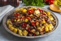 From Turkish cuisine meat, vegetable kebab, casserole. Turkish name Maras Tava or Kahramanmaras Tava - Orman Kebabi Royalty Free Stock Photo