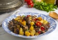 From Turkish cuisine meat, vegetable kebab, casserole. Turkish name Maras Tava or Kahramanmaras Tava - Orman Kebabi Royalty Free Stock Photo