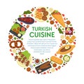 Turkish cuisine menu, round banner template with text