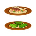 Turkish cuisine national dishes set. Pilaf and dolma on plates vector illustration