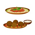 Turkish cuisine national dishes set. Rice and meatballs on plates vector illustration Royalty Free Stock Photo