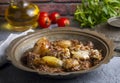 From Turkish cuisine Onion stew with entrecote. Turkish name Antrikotlu yogan guvec or yahni Royalty Free Stock Photo