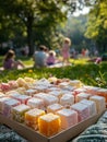 Turkish delight box at a picnic in the park. Royalty Free Stock Photo