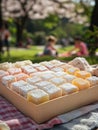 Turkish delight box at a sunny outdoor picnic. Royalty Free Stock Photo