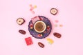 Turkish Delight Turkish Coffee Date Fruit and Garnet on Black Round Tray Pink Background Top View Ramadan Royalty Free Stock Photo