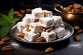 Turkish delight with honey and nuts on a dark background. Selective focus, Eastern sweets turkish delight, lokum with nuts, AI Royalty Free Stock Photo