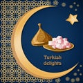 Turkish delight locum on decorated copper plate with text, arabic ornament, moon and star on dark blue background.