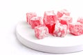 Turkish Delight Lokum Sweet Turkish delight lokum Traditional dessert White background Copy space