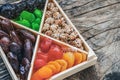 Turkish delight oriental sweets dried fruits and nuts in a wooden box. Background. Healthy vegan food. Natural food. Selective Royalty Free Stock Photo