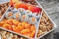 Turkish delight oriental sweets dried fruits and nuts in a wooden box. Background. Healthy vegan food. Natural food. Selective Royalty Free Stock Photo