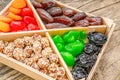 Turkish delight oriental sweets dried fruits and nuts in a wooden box. Background. Healthy vegan food. Natural food. Selective Royalty Free Stock Photo