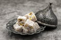 Turkish delight with pistachio on a dark background Royalty Free Stock Photo