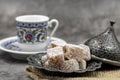 Turkish delight with pistachio on a dark background Royalty Free Stock Photo