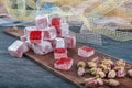 Turkish delight, rose flavored Turkish delight on the plate. Turkey delight sweet taste delicious moments of indispensable