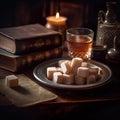 Turkish delight served on a metal plate with an old-fashioned library as the backdrop, Ai-generated.
