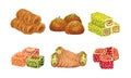 Turkish Delights or Arabic Sweets with Famous Baklava and Rahat Lakoum Vector Set. Oriental Pastry and Sugary