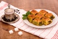 Turkish delights - baklava traditional sweets with turkish coffee, sugar and coffee beans Royalty Free Stock Photo