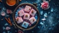 Turkish delights lokum, rose flavor AI generated image Royalty Free Stock Photo