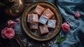 Turkish delights lokum, rose flavor AI generated image Royalty Free Stock Photo