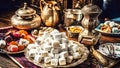 Turkish delights. Various pieces of traditional Turkish sweets on a wooden table