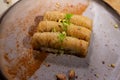 Turkish dessert baklava with pistachio on the table.