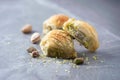 Turkish dessert baklava with pistachios on grey background. Top view. Copy space. Set of assorted traditional eastern Royalty Free Stock Photo