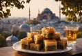 Turkish dessert Baklava with wonderful Hagia Sophia Mosque landscape in Istanbul, Turkey