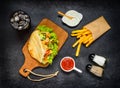 Turkish Doner Kebab with Cold Cola Drink and French Fries Royalty Free Stock Photo