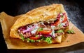 Turkish doner kebab on golden toasted pita bread Royalty Free Stock Photo