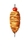 Turkish doner kebab meat on skewer, fried meat for shawarma, with a tomato on top. Vector