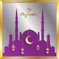 Turkish eid greeting card with silver mosque and gold lanterns