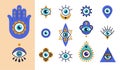 Turkish eye. Hamsa, blue greek pattern on hand, greece print or glass amulet, nazar tree symbol, art bead. Luck and