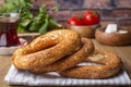 Turkish fast food bagel called Simit. Turkish bagel Simit with sesame. Bagel is traditional Turkish bakery food. Turkish name;