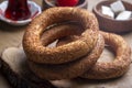 Turkish fast food bagel called Simit. Turkish bagel Simit with sesame. Bagel is traditional Turkish bakery food. Turkish name;