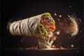 Turkish fast food doner shawarma with chicken salad and a gloop of Mayonnaise fly on air Royalty Free Stock Photo